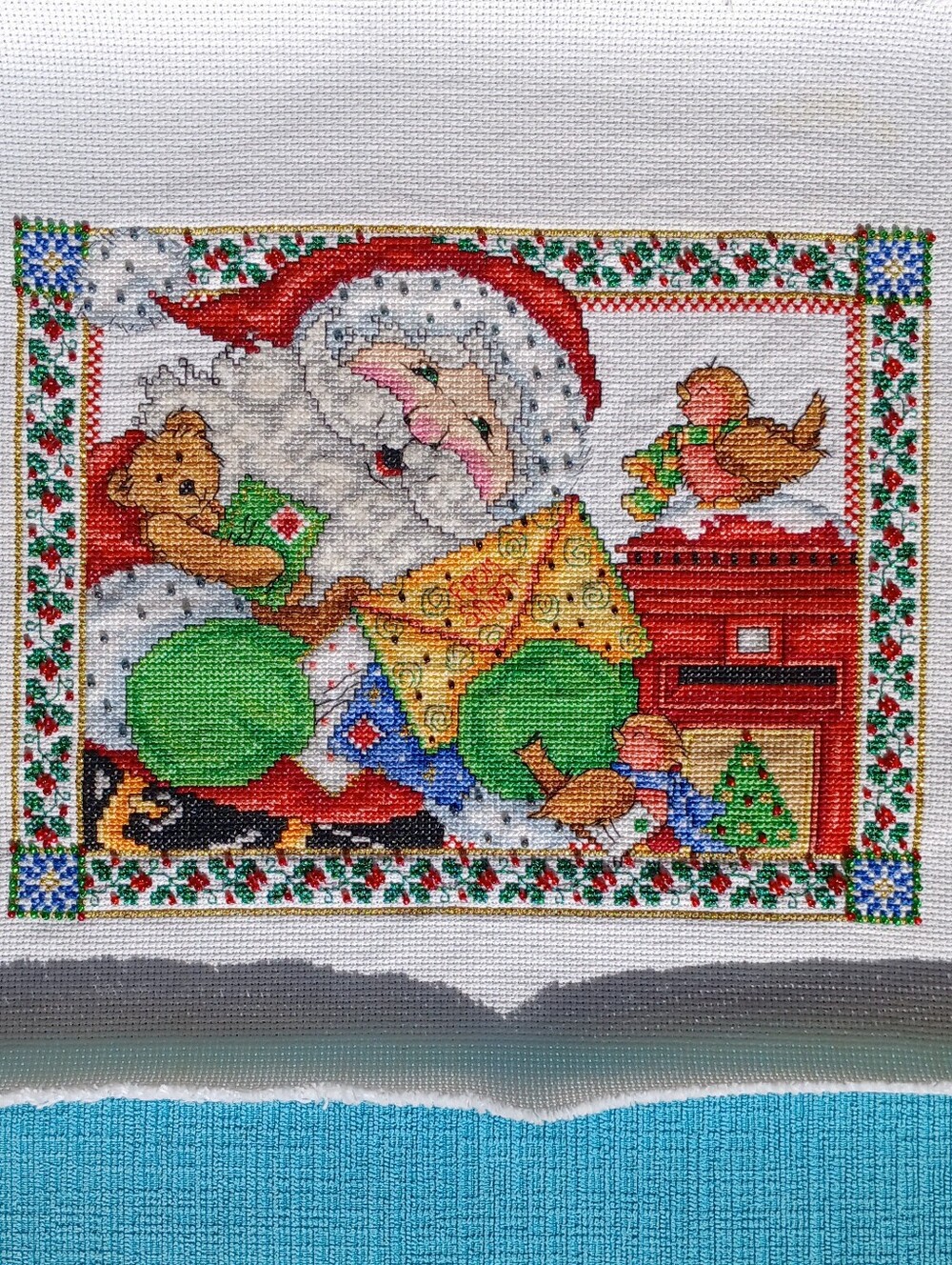 Holiday Santa Cross-Stitch Wall Art - Red & Green